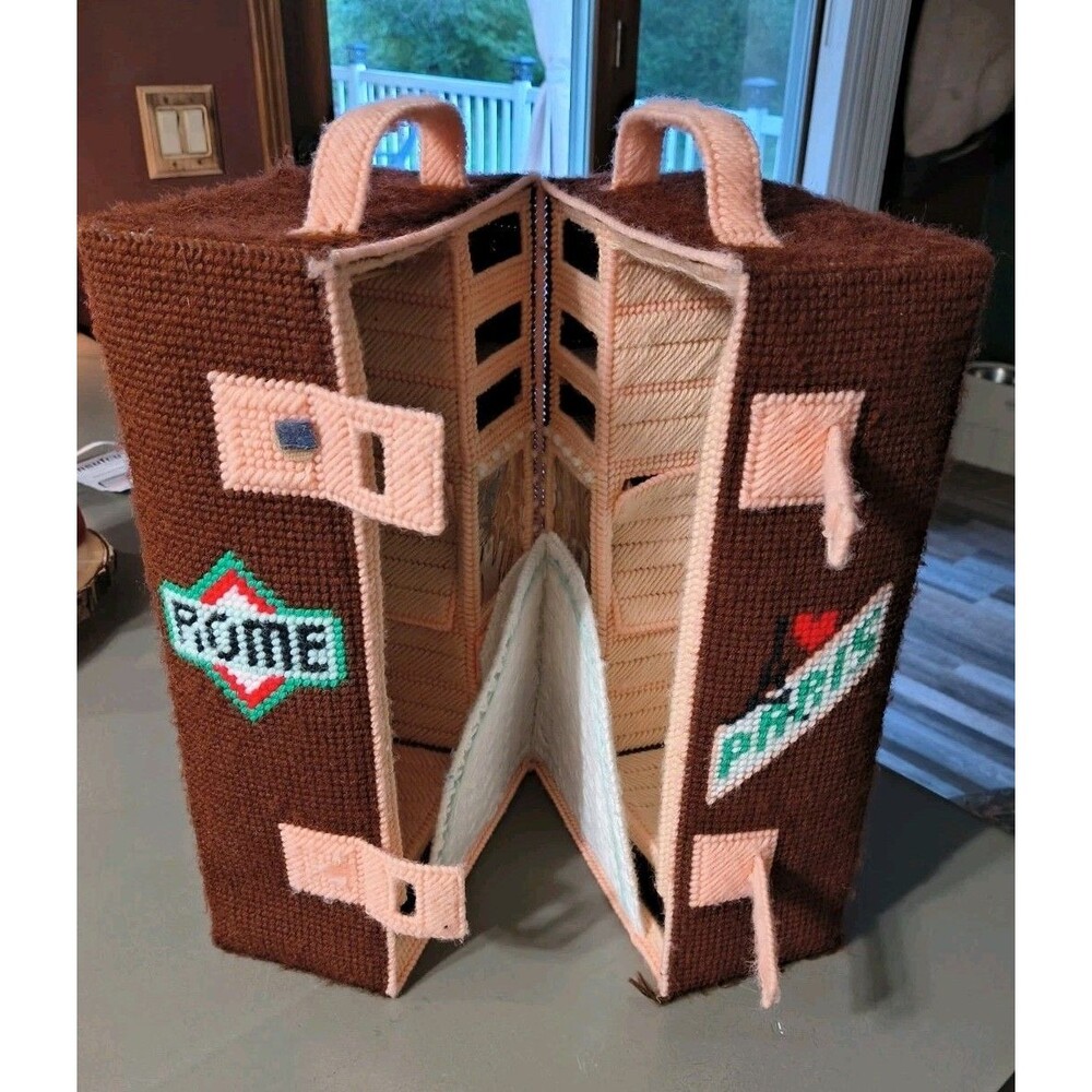 Vintage 1980 Barbie Woven Yarn Fabric Plastic Canvas  Wardrobe Travel Case Trunk